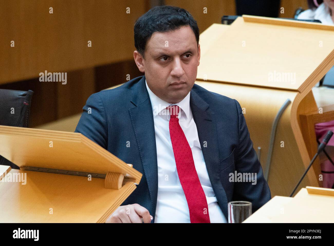 Edinburgh, Scotland, UK. 4th May, 2023. PICTURED: Anas Sarwar MSP, Scottish Labour Party Leader. Scenes inside Holyrood showing the corridor and chamber views of the MSPs at the weekly session of First Ministers Questions (FMQs). Credit: Colin D Fisher/CDFIMAGES.COM Credit: Colin Fisher/Alamy Live News Stock Photo