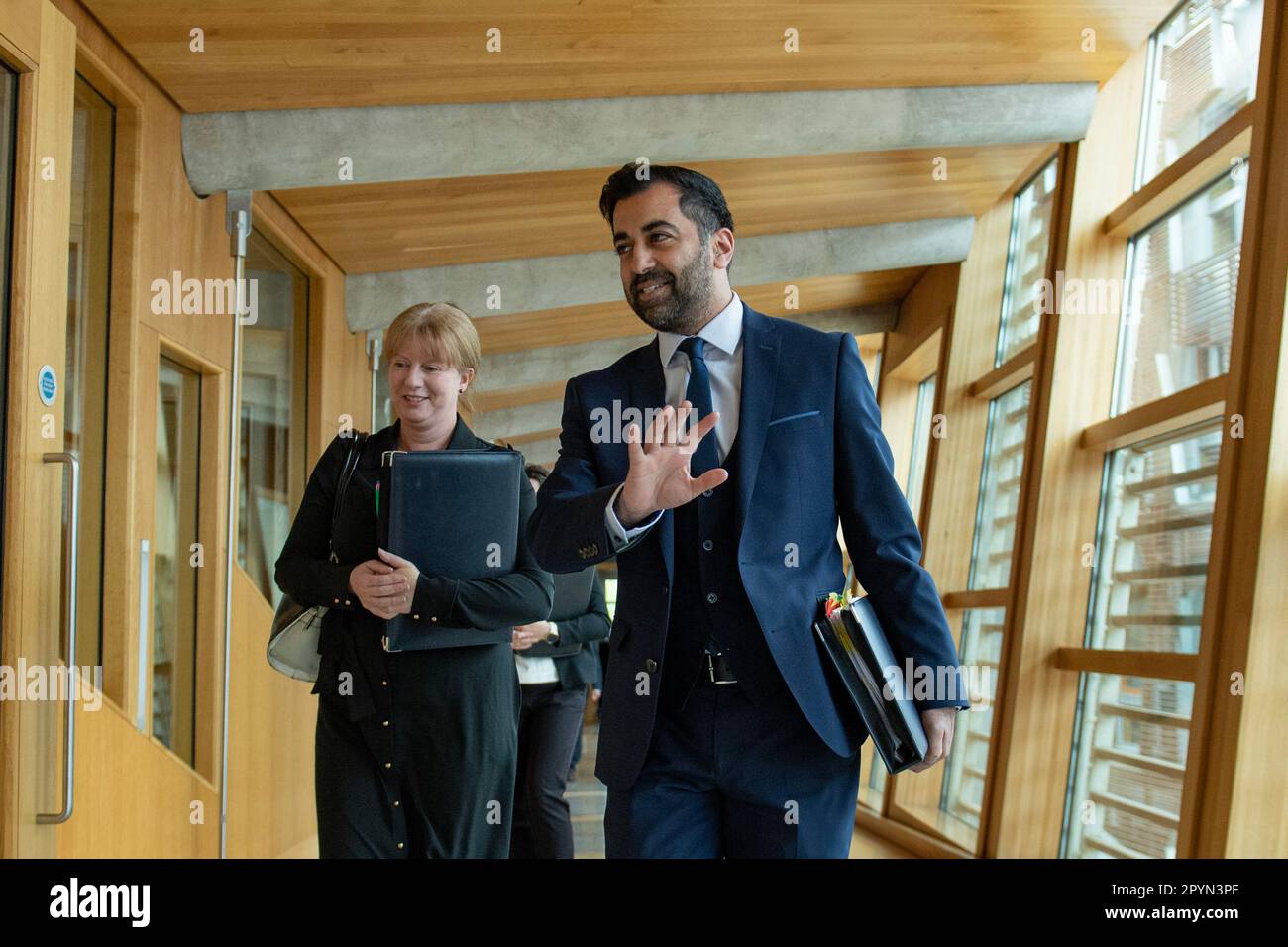 Edinburgh, Scotland, UK. 4th May, 2023. PICTURED: (L) Shona Robison MSP, Depute Scottish First Minister, and (R), Humza Yousaf MSP, First Minister of Scotland and Leader of the Scottish National Party (SNP). Scenes inside Holyrood showing the corridor and chamber views of the MSPs at the weekly session of First Ministers Questions (FMQs). Credit: Colin D Fisher/CDFIMAGES.COM Credit: Colin Fisher/Alamy Live News Stock Photo