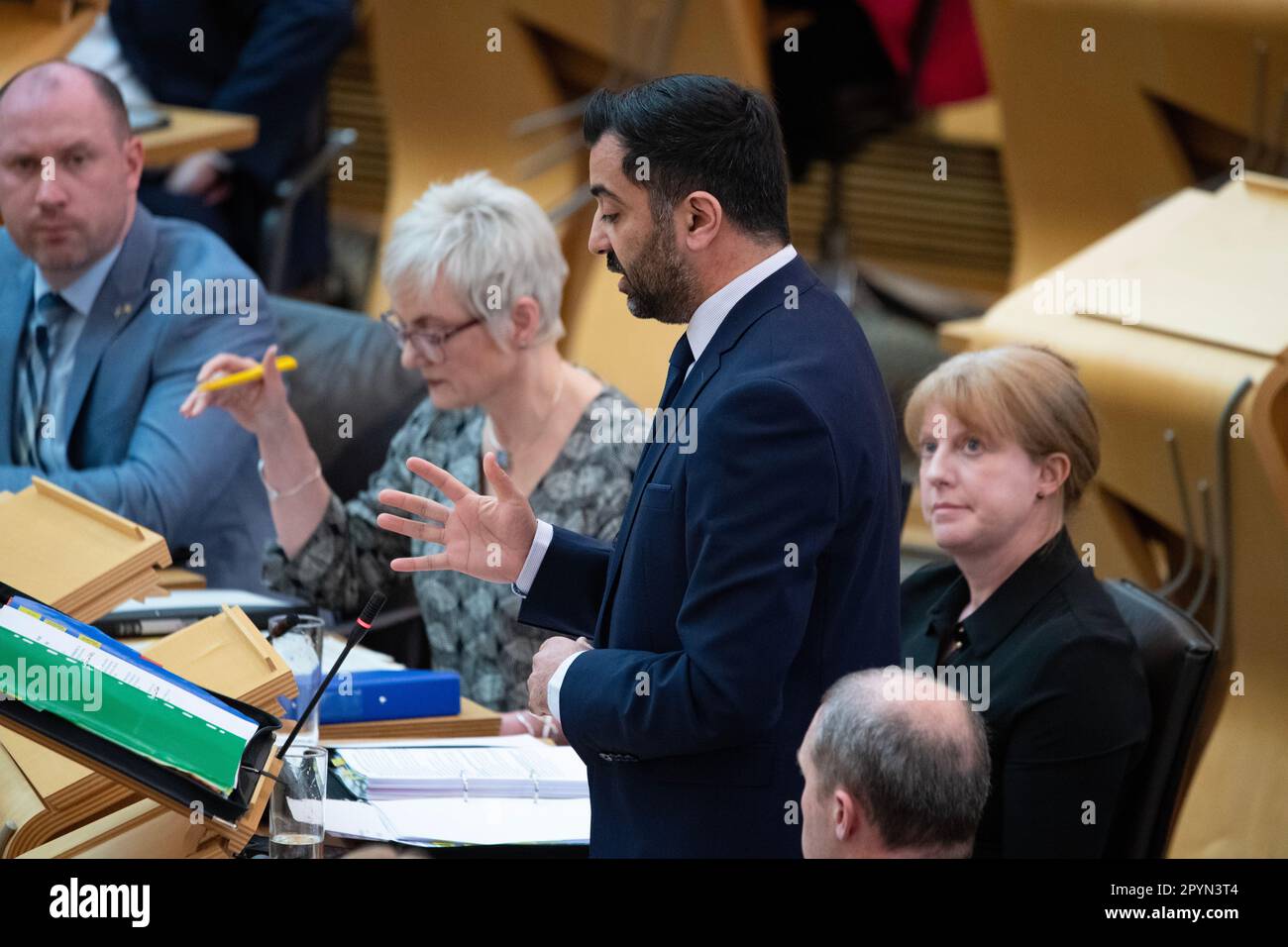 Edinburgh, Scotland, UK. 4th May, 2023. PICTURED: Humza Yousaf MSP, First Minister of Scotland and Leader of the Scottish National Party (SNP). Scenes inside Holyrood showing the corridor and chamber views of the MSPs at the weekly session of First Ministers Questions (FMQs). Credit: Colin D Fisher/CDFIMAGES.COM Credit: Colin Fisher/Alamy Live News Stock Photo