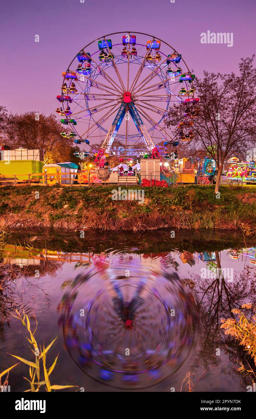 Ferris wheel at the 'Mill of Elves' ('Μύλος των Ξωτικών')  in Trikala, Thessaly, Greece. It is the most famous'Christmas village' in Greece. Stock Photo