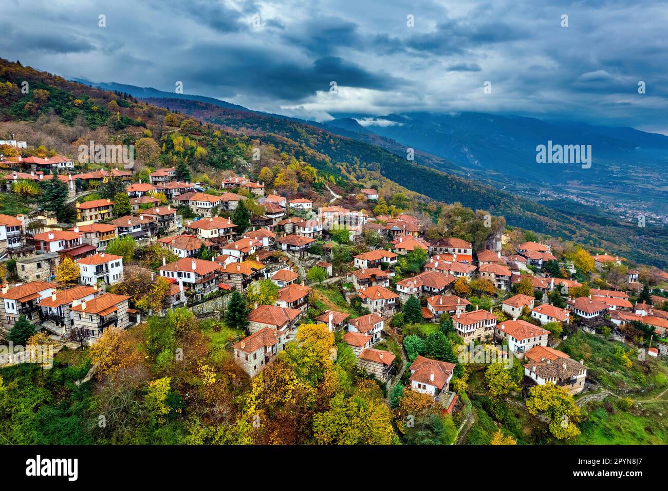 Palaios Panteleimonas ('Panteleimon') village, Pieria, Macedonia, Greece. In the background, Olympus mountain. Stock Photo