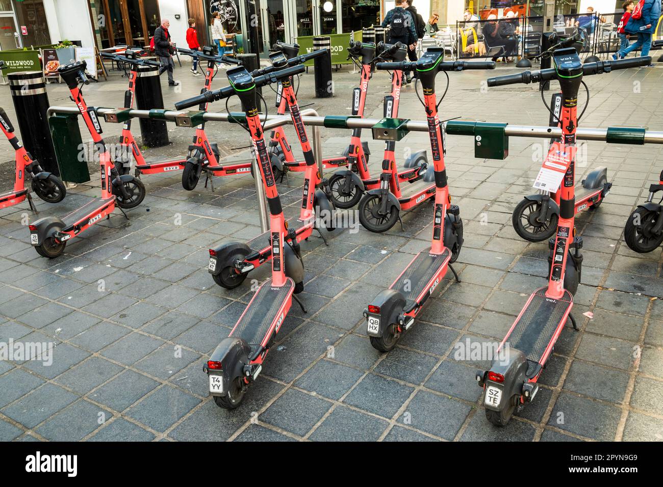 Electric scooters for hire in Liverpool. Stock Photo
