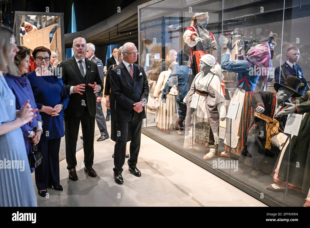 TARTU 20230504Queen Silvia and King Carl Gustaf visit the Estonian National Museum in Tartu together with Estonian President Alar Karis and First Lady Stock Photo