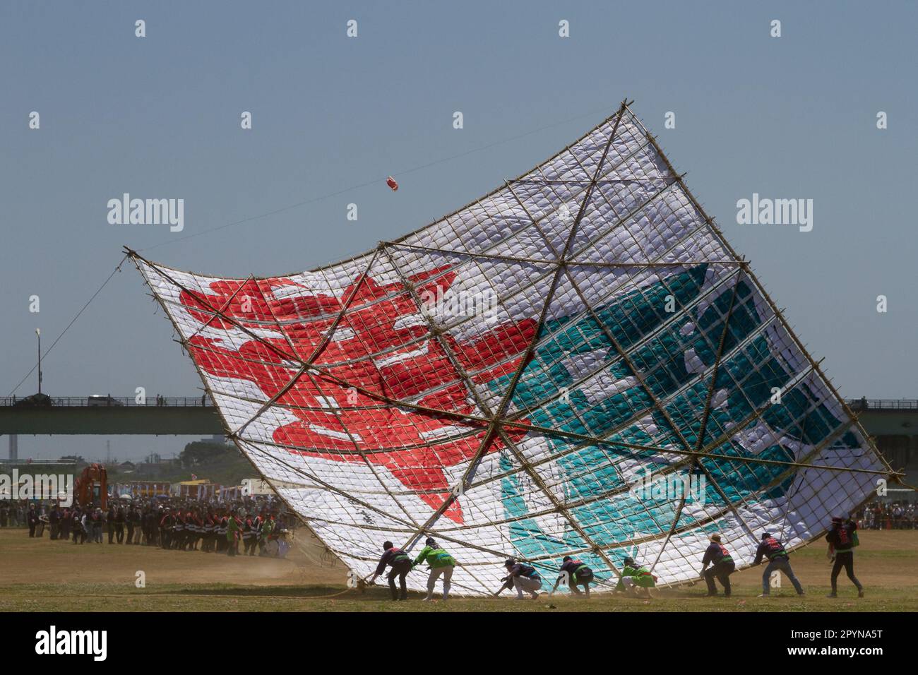 People prepare a large kite for flight at the Sagami Giant Kite