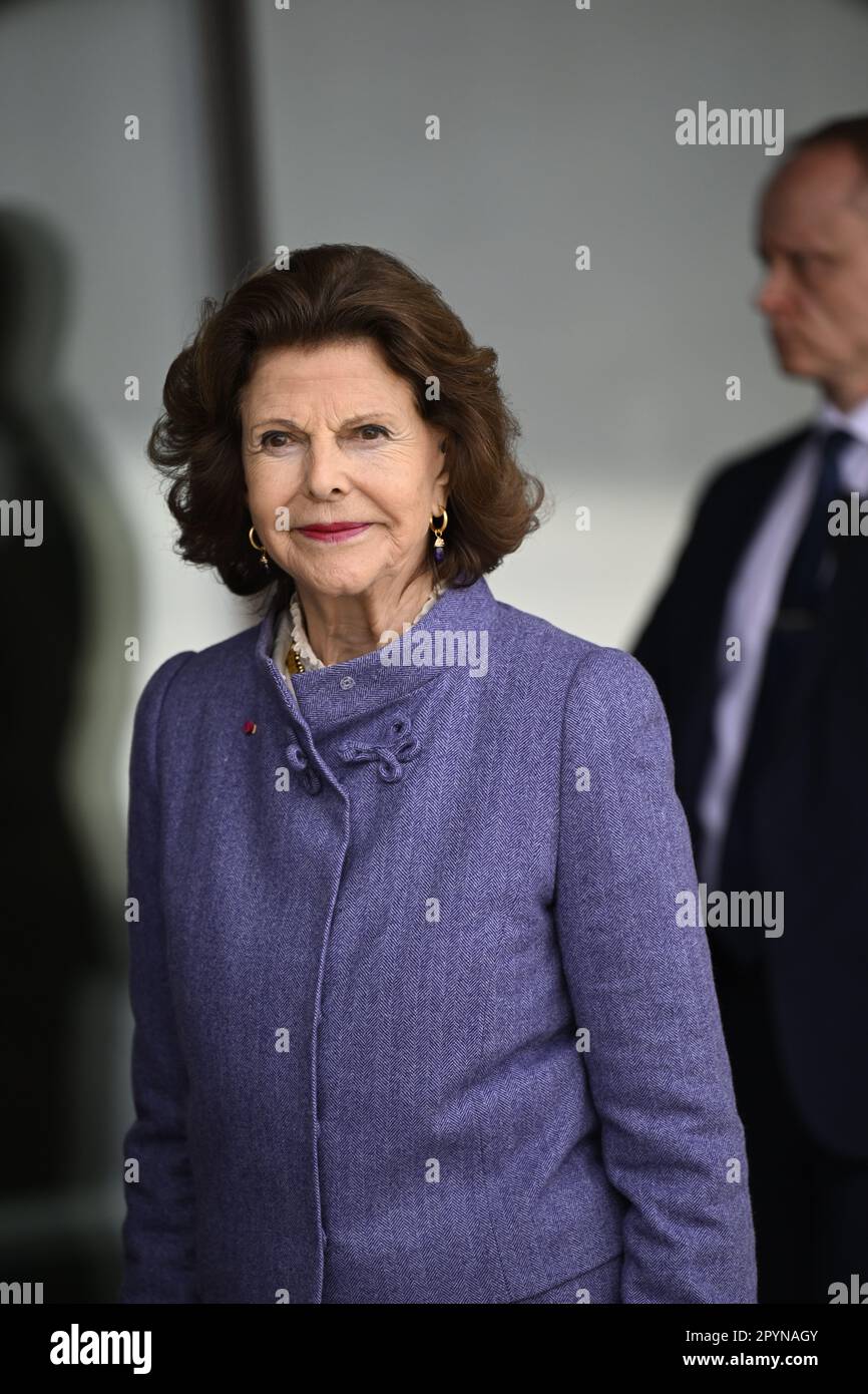 TARTU 20230504 Queen Silvia at the farewell ceremony after visiting the Estonian National Museum in Tartu, Estonia. The royal couple is on an official Stock Photo