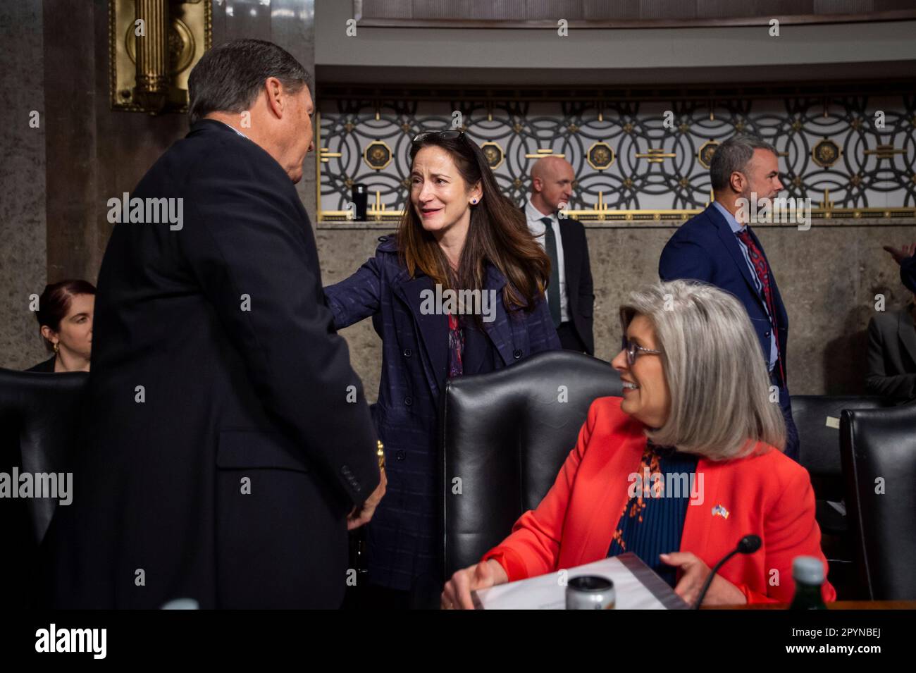Avril D. Haines, center, Director of National Intelligence talks with United States Senator Mike Rounds (Republican of South Dakota), left, and United States Senator Joni Ernst (Republican of Iowa), right, as she arrives for a Senate Committee on Armed Services hearing to examine worldwide threats in the Dirksen Senate Office Building in Washington, DC, Thursday, May 4, 2023. Credit: Rod Lamkey / CNP/Sipa USA Stock Photo