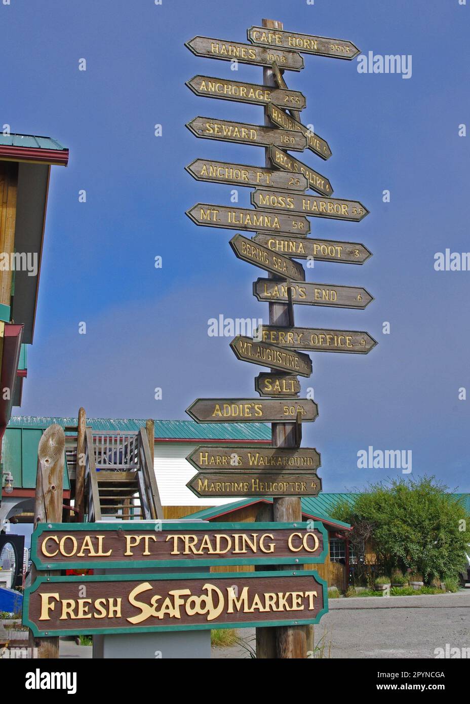 Mileage signpost, Homer, Alaska Stock Photo