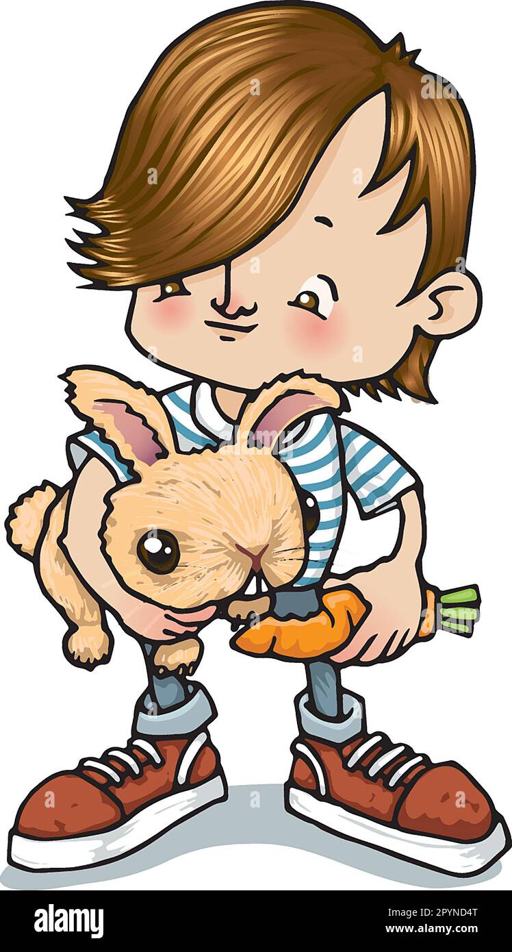 Art young white boy, aged 7-10, holding his pet rabbit and feeding it a carrot, illustrating caring for animals, nurturing nature, lifestyle, hobbies. Stock Photo