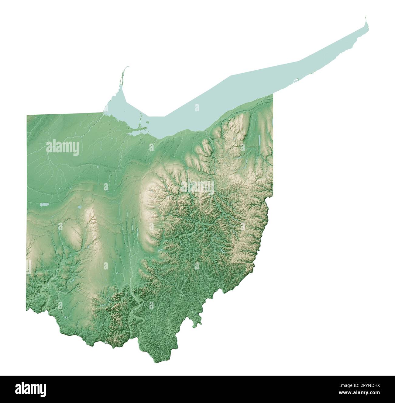 The US state of Ohio. Highly detailed 3D rendering of shaded relief map with rivers and lakes. Colored by elevation. Created with satellite data. Stock Photo