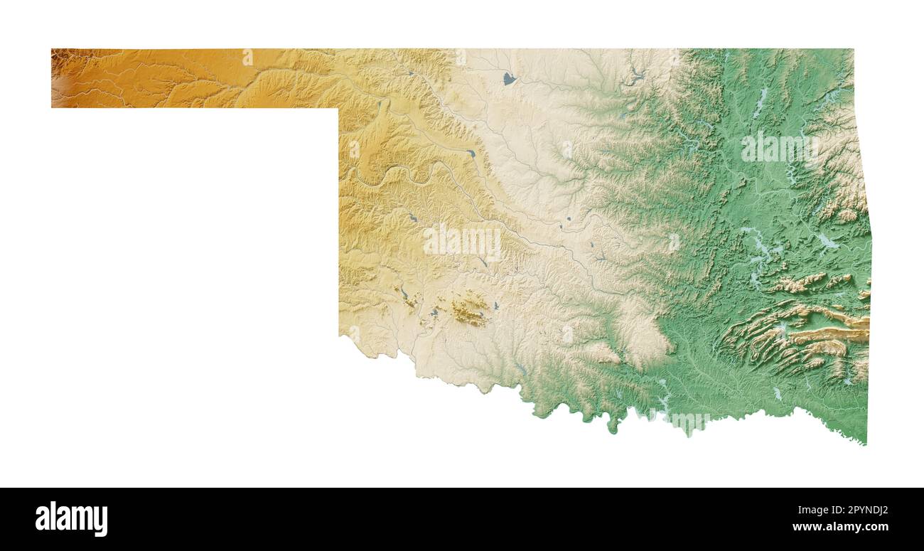 The US state of Oklahoma. Highly detailed 3D rendering of shaded relief map with rivers and lakes. Colored by elevation. Created with satellite data. Stock Photo