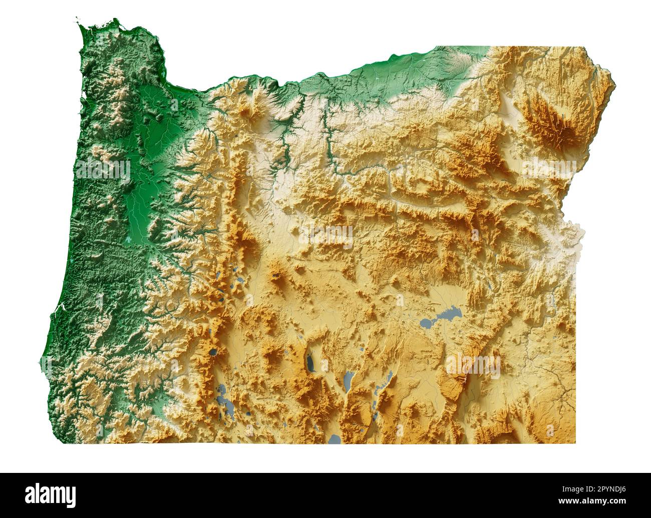 The US state of Oregon. Highly detailed 3D rendering of shaded relief map with rivers and lakes. Colored by elevation. Created with satellite data. Stock Photo