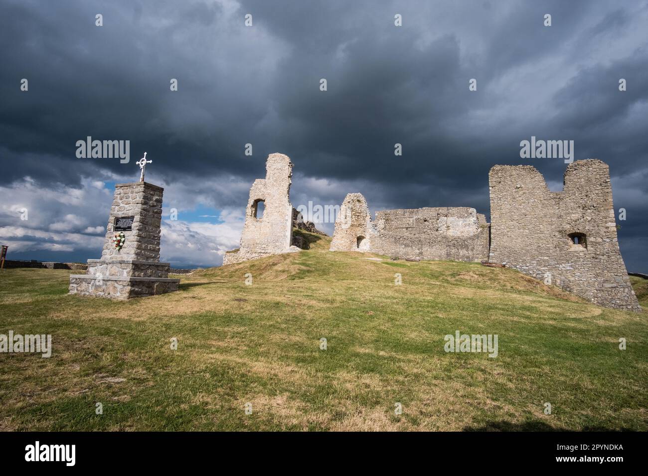 Ruined Medieval fortress stone castle Branc Hrad in Podbranch village, Myjava district of Little Carpathian mountains, Slovakia Stock Photo