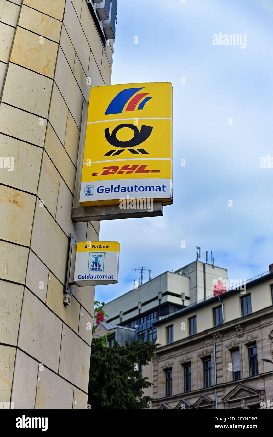 Economy, logo, company name, banks: Information sign of the company Postbank on a facade Stock Photo