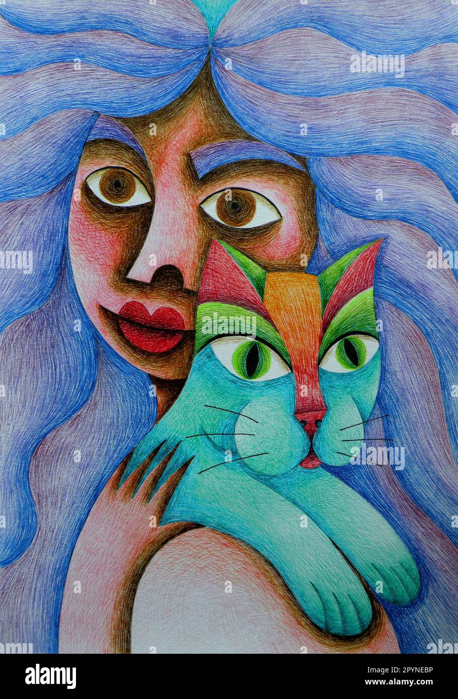 Colorful drawing of girl hugging her cat Stock Photo Alamy
