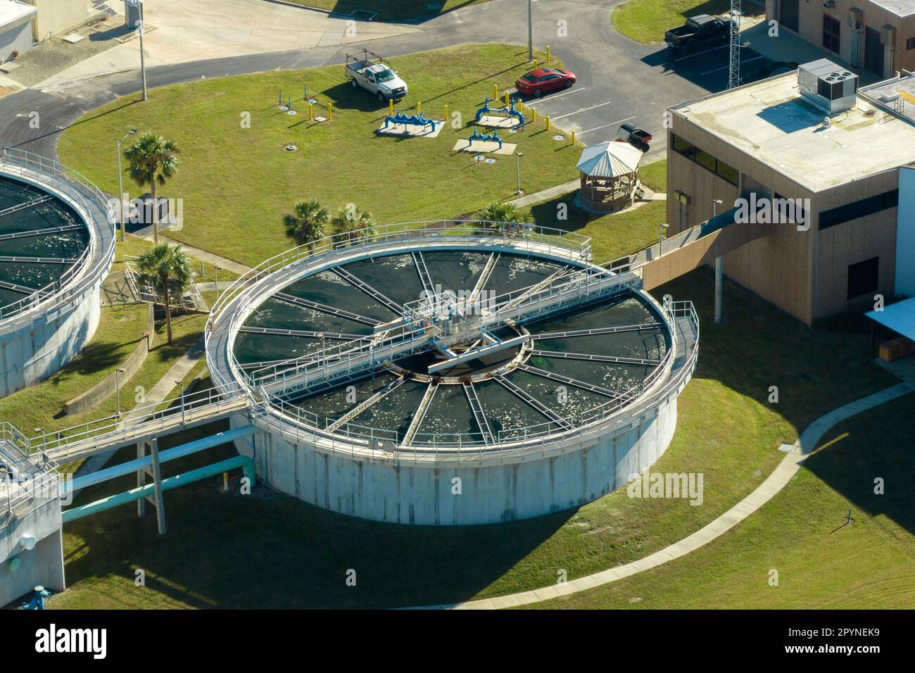 Aerial view of water treatment factory at city wastewater cleaning