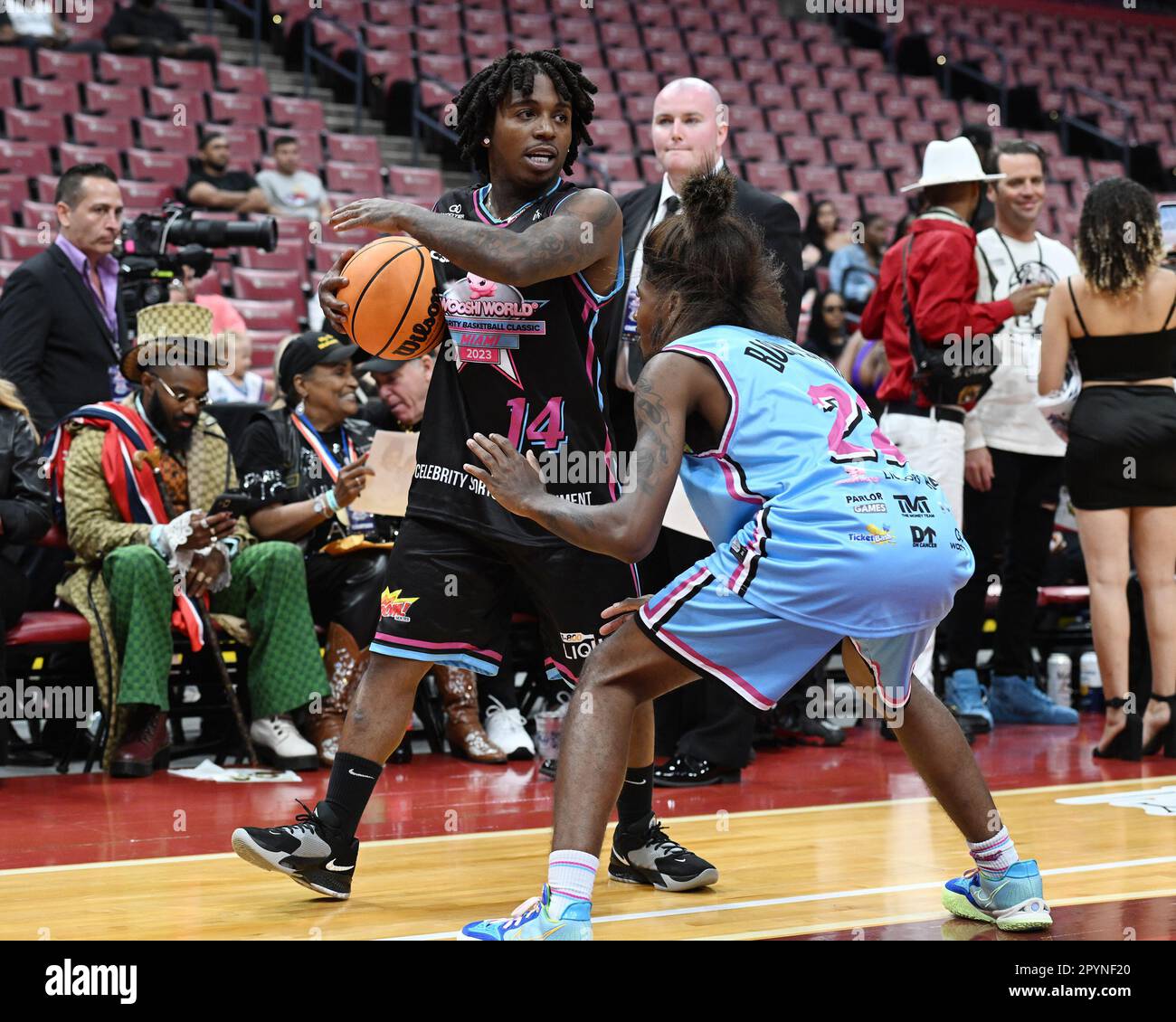 Sunrise FL, USA. 03rd May, 2023. Jack McClinton and Haley Cavinder are seen  on the court during the Wooshi World Celebrity Basketball Classic at The  FLA Live Arena on May 3, 2023
