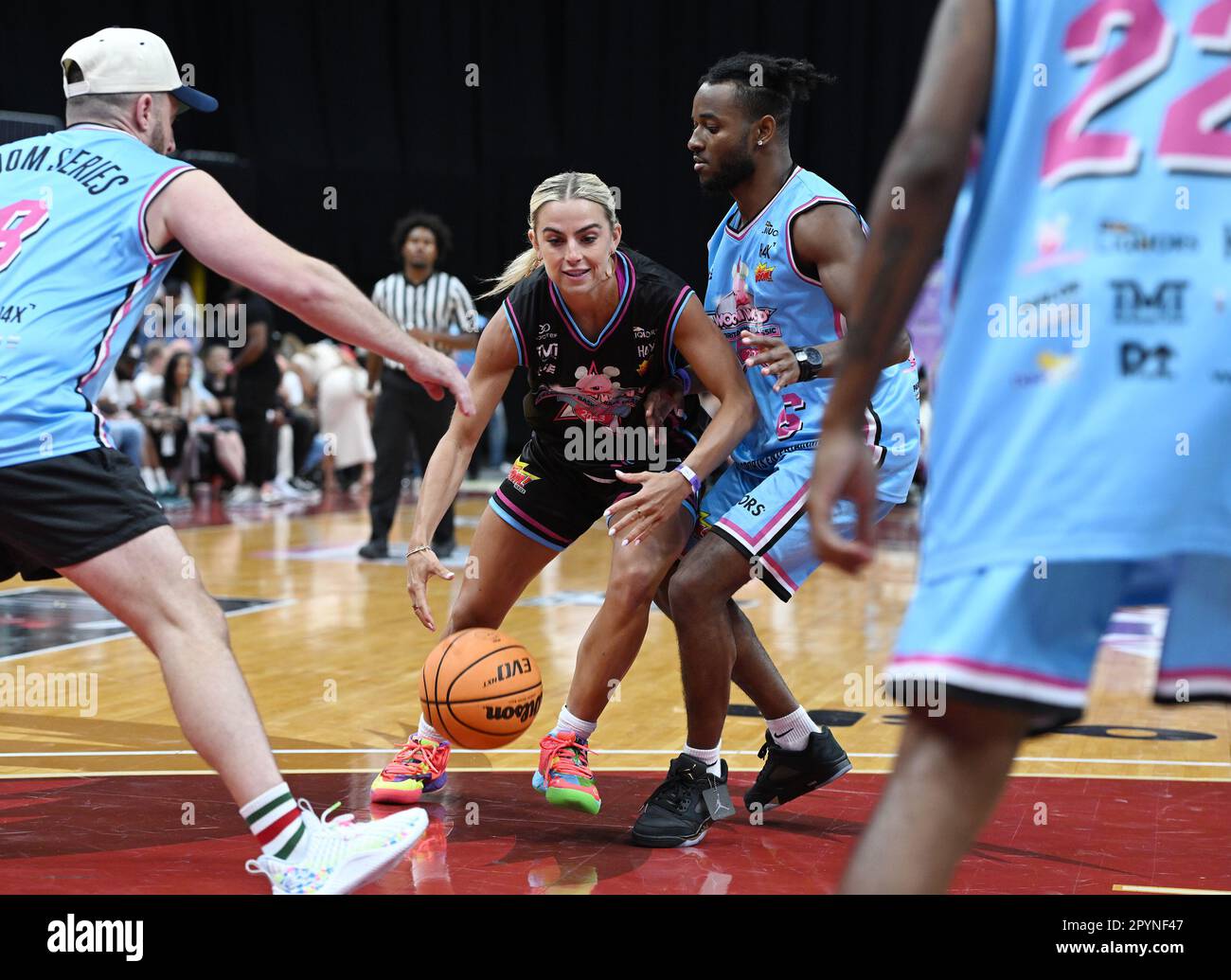 Sunrise FL, USA. 03rd May, 2023. Jack McClinton and Haley Cavinder are seen  on the court during the Wooshi World Celebrity Basketball Classic at The  FLA Live Arena on May 3, 2023