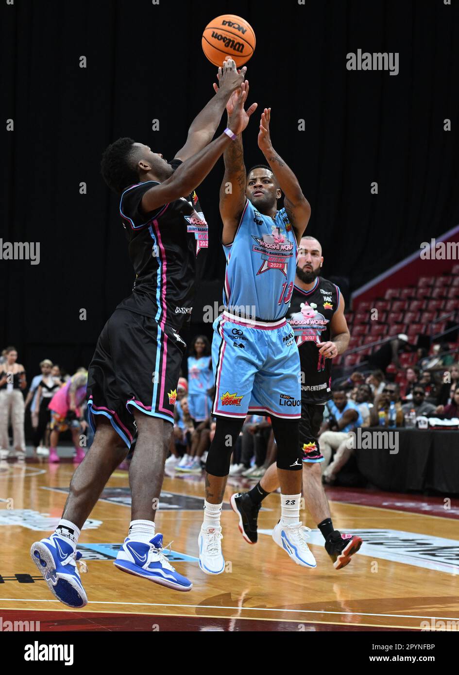 Sunrise FL, USA. 03rd May, 2023. Jack McClinton and Haley Cavinder are seen  on the court during the Wooshi World Celebrity Basketball Classic at The  FLA Live Arena on May 3, 2023