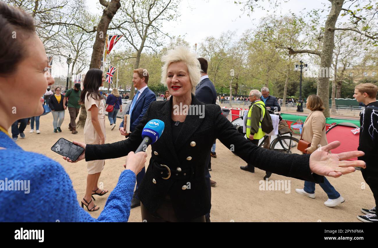 pic shows:  Alison Jackson Coronation Build up  Royal fans on The Mall where they had tents set up top view the ceremony on Saturday   4.5.23    Pictu Stock Photo