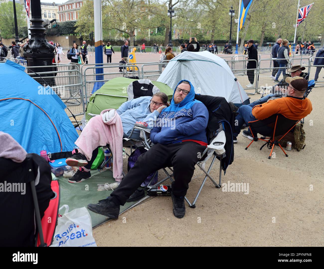 pic shows:   Coronation Build up  Royal fans on The Mall where they had tents set up top view the ceremony on Saturday   4.5.23    Picture by Gavin Ro Stock Photo