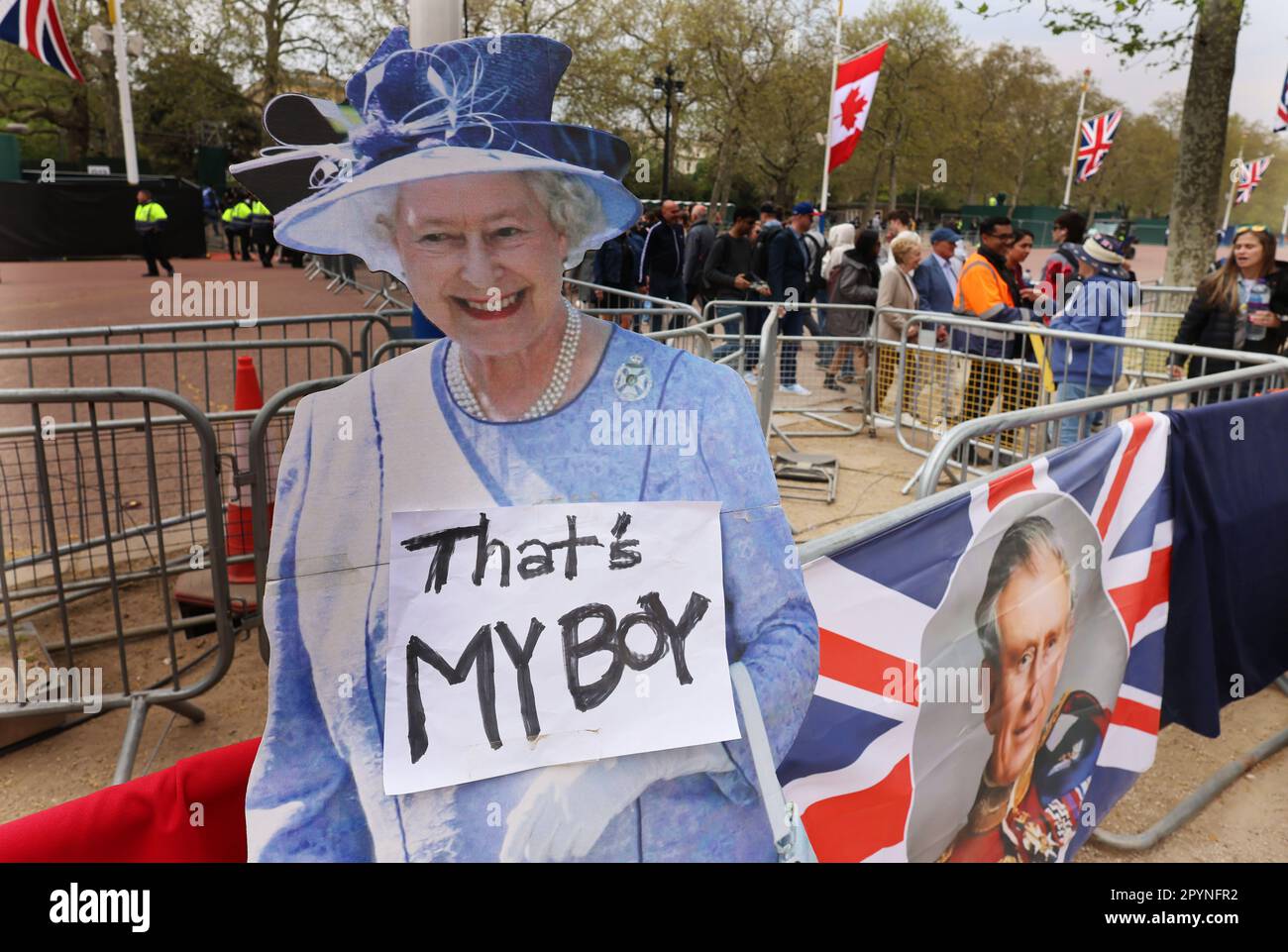pic shows:   Coronation Build up  Royal fans on The Mall where they had tents set up top view the ceremony on Saturday   4.5.23    Picture by Gavin Ro Stock Photo