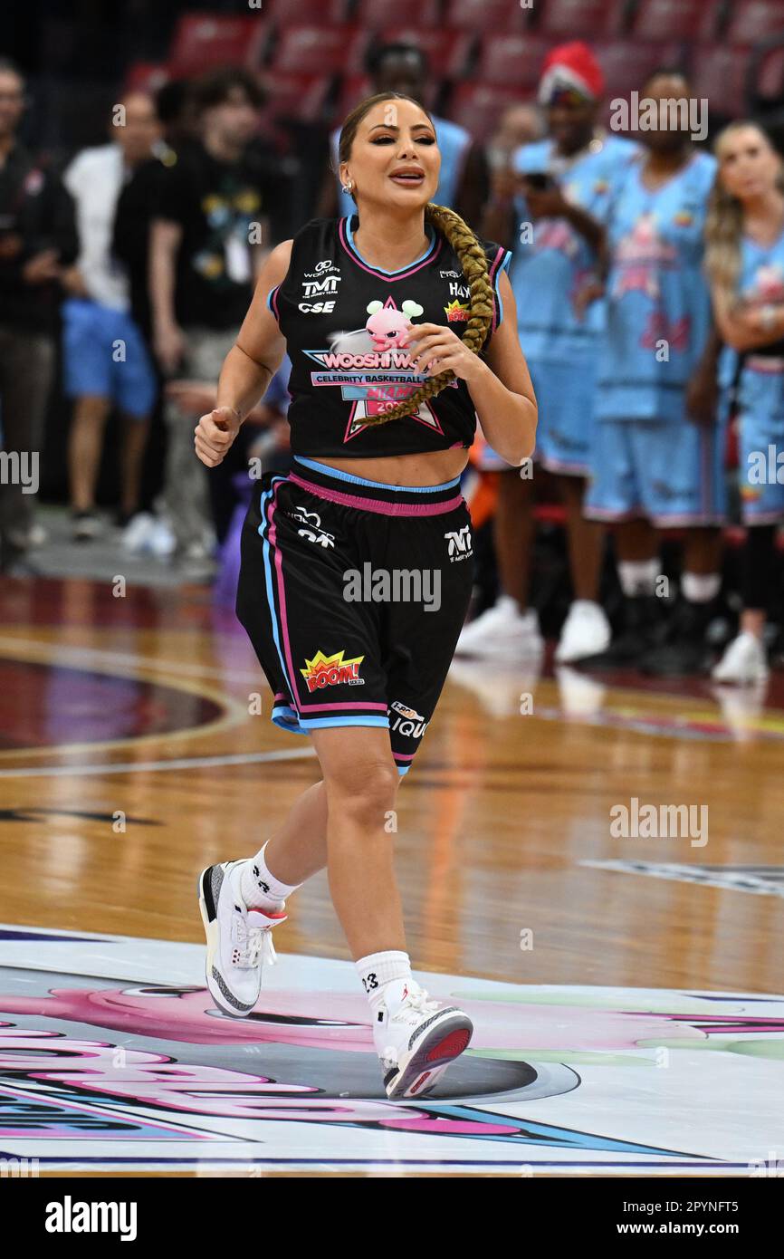 Sunrise FL, USA. 03rd May, 2023. Jack McClinton and Haley Cavinder are seen  on the court during the Wooshi World Celebrity Basketball Classic at The  FLA Live Arena on May 3, 2023