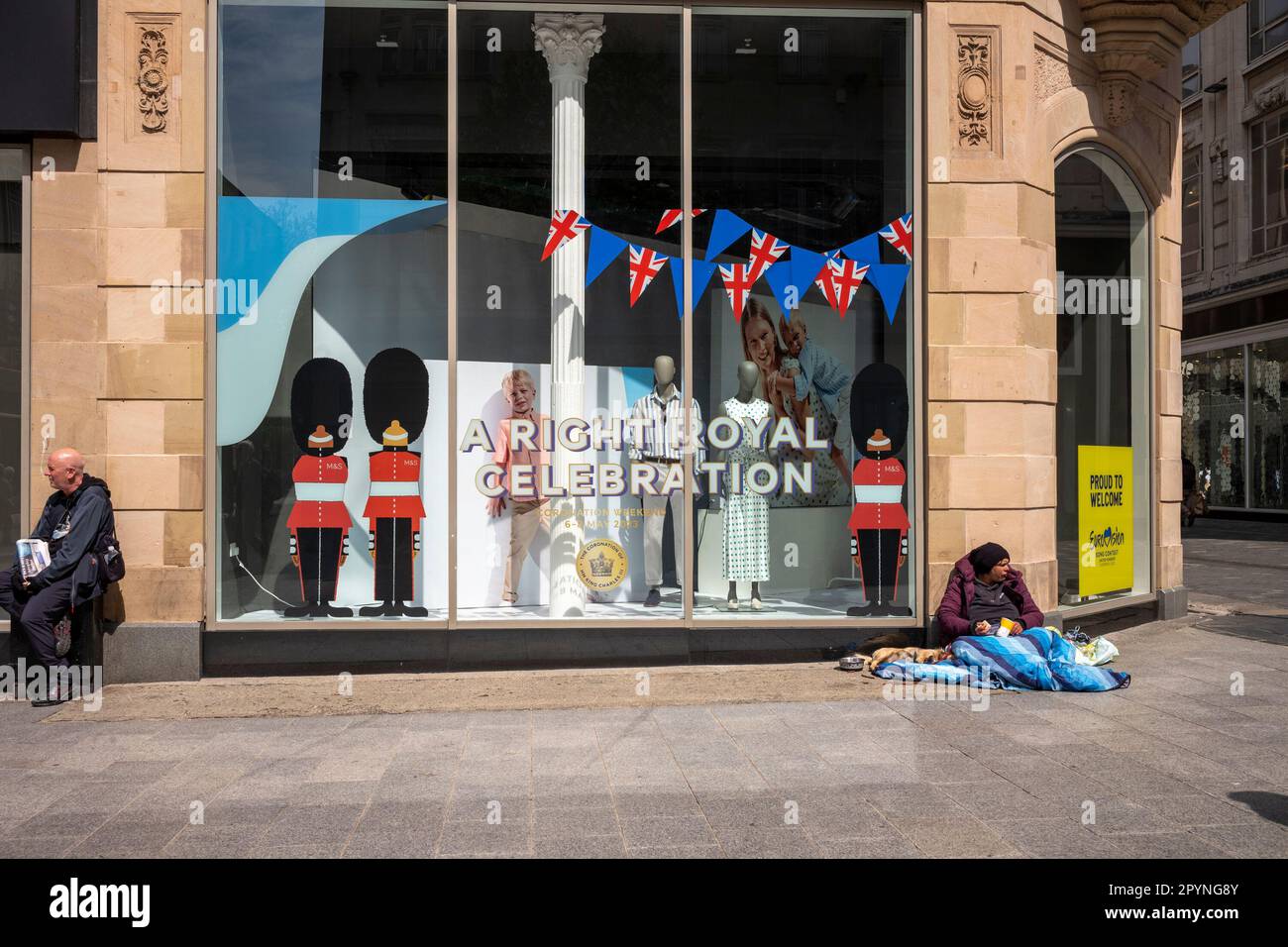 Liverpool, England. 4th May 2023. Two days before King Charles III Coronation. Marks & Spencer shop window display in celebration of the coronation. One of very few in the city. Stock Photo