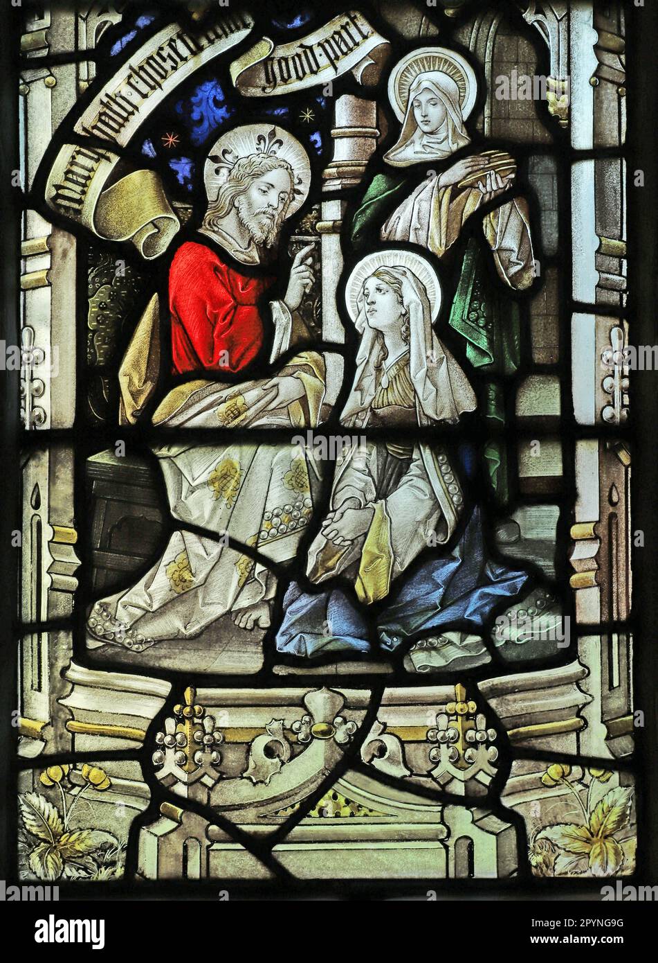 Stained glass window by Percy Bacon & Brothers depicting Jesus in the house of Martha and Mary of Bethany, St Mary's Church, Stannington, Northumberla Stock Photo