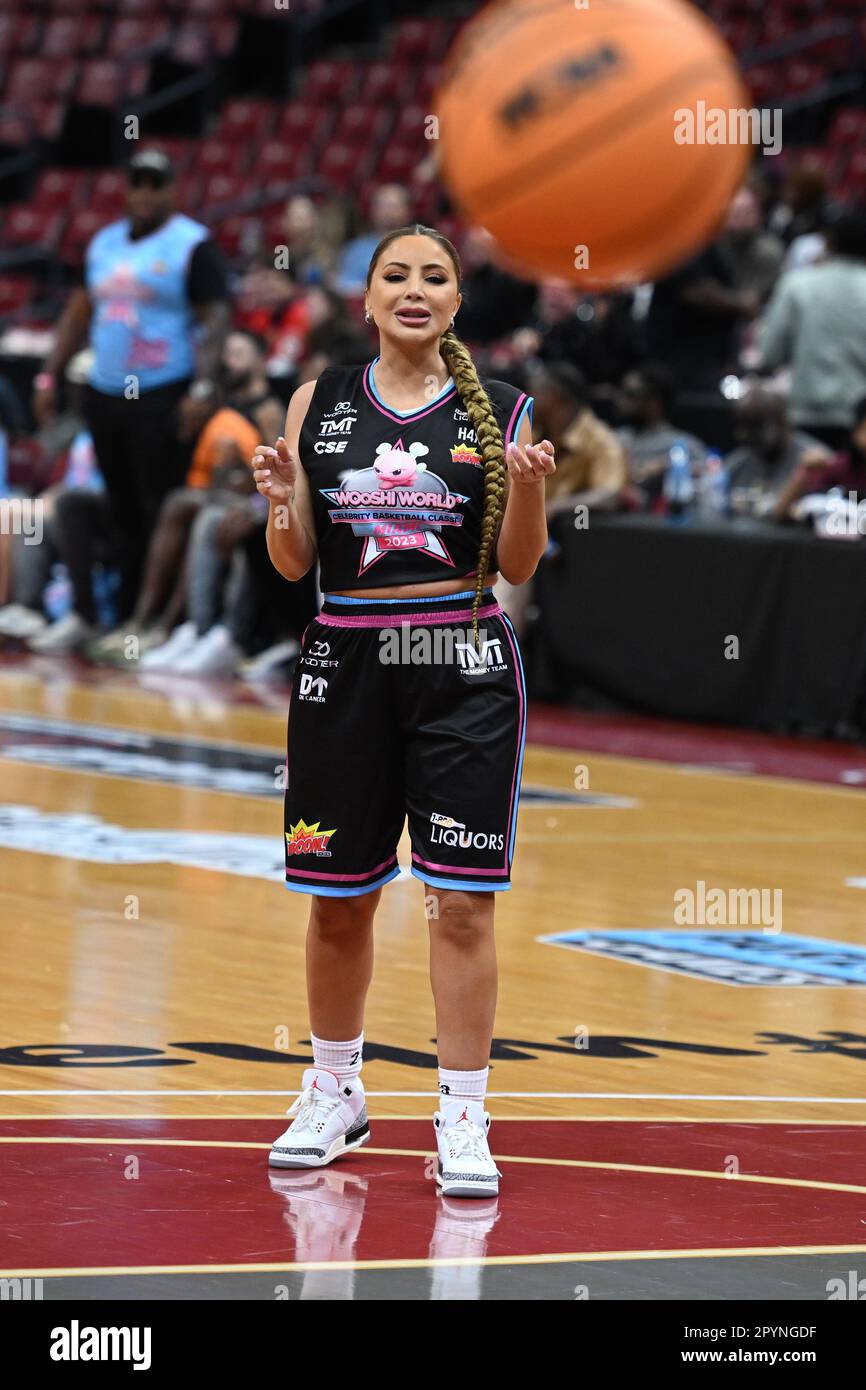 Sunrise FL, USA. 03rd May, 2023. Jack McClinton and Haley Cavinder are seen  on the court during the Wooshi World Celebrity Basketball Classic at The  FLA Live Arena on May 3, 2023