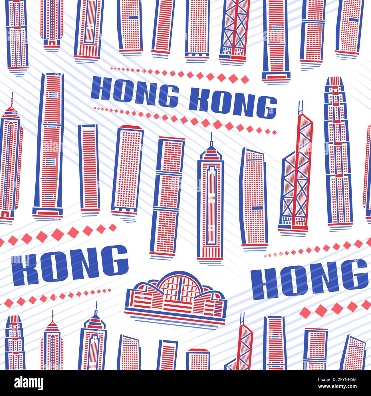 Vector Hong Kong Seamless Pattern, square repeat background with illustration of red asian city scape on white background for wrapping paper, decorati Stock Vector