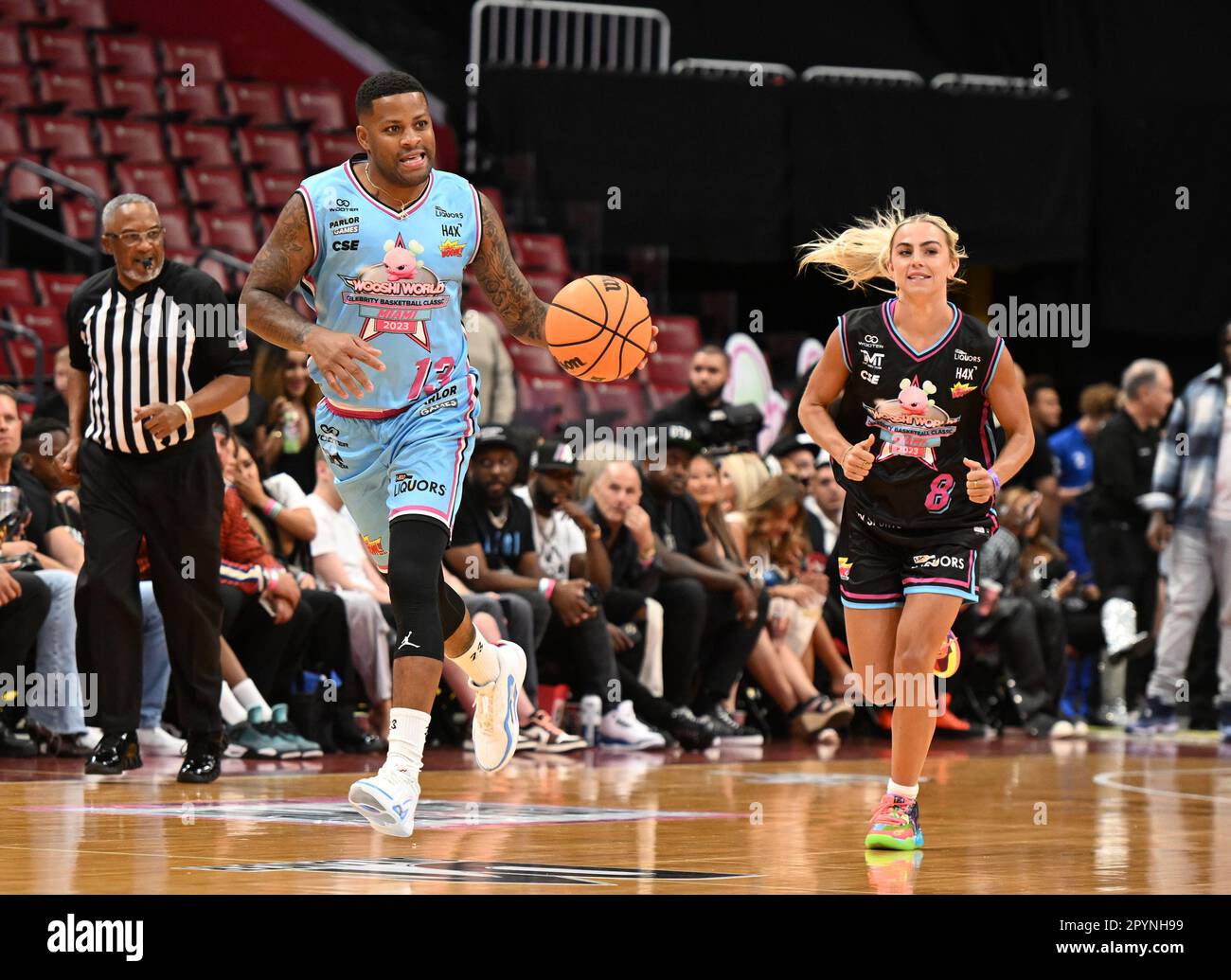 Sunrise FL, USA. 03rd May, 2023. Jack McClinton and Haley Cavinder are seen  on the court during the Wooshi World Celebrity Basketball Classic at The  FLA Live Arena on May 3, 2023