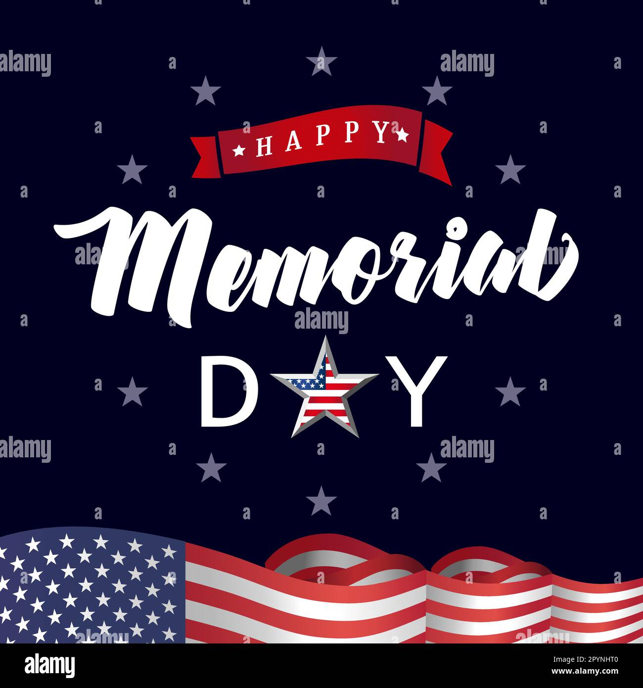 Happy Memorial Day creative banner. Typographic logo and 3D flag United States. Invitation design. Modern calligraphy. Isolated elements. Patriotic ba Stock Vector