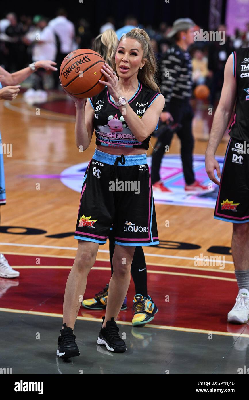 Sunrise FL, USA. 03rd May, 2023. Jack McClinton and Haley Cavinder are seen  on the court during the Wooshi World Celebrity Basketball Classic at The  FLA Live Arena on May 3, 2023