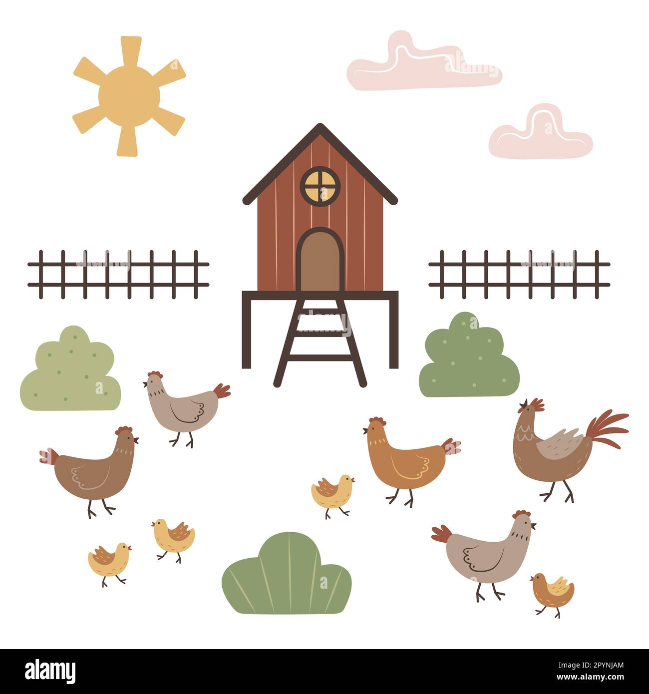 Set of objects and birds. Poultry yard with hens, roosters and chicks. Doodle art. Simple isolated vector clipart. Chicken coop, fence and bushes for Stock Vector