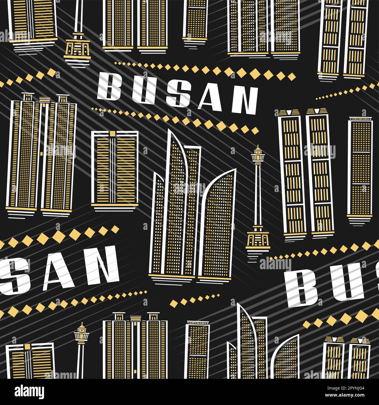 Vector Busan Seamless Pattern, square repeating background with illustration of asian busan city scape on dark background for wrapping paper, decorati Stock Vector