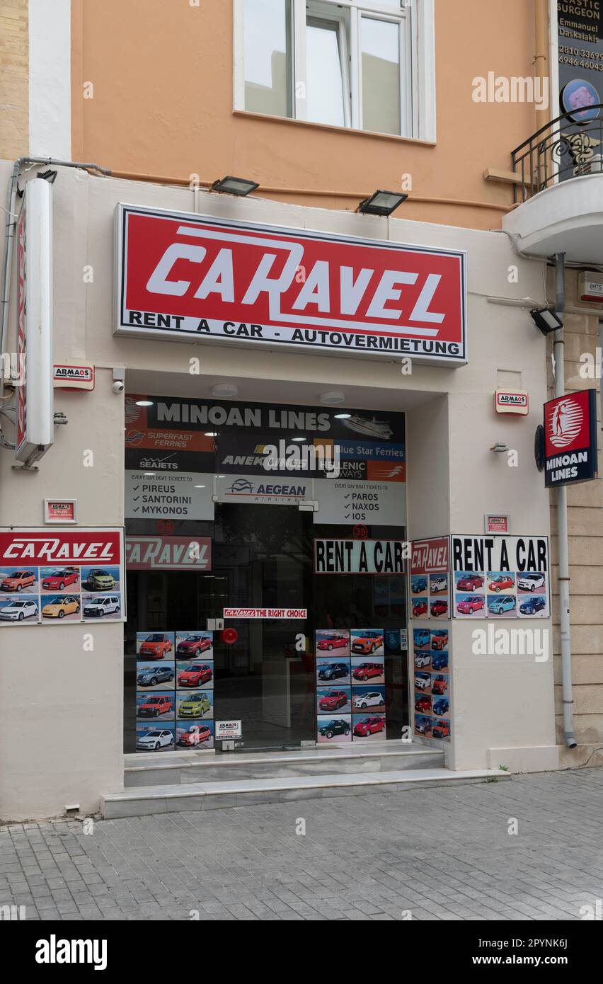 Herkalion, Crete, Greece, EU. 2023. Car and vehicle rental office in