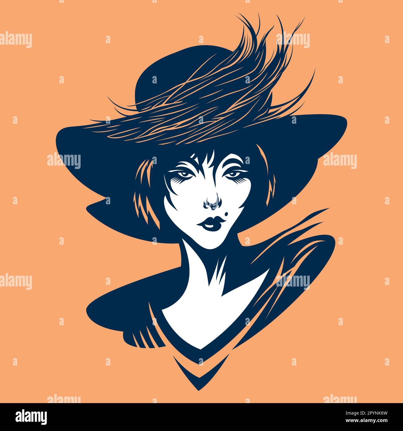 Concept art of an Asian Woman Fashion model in large Hat with Ostrich feathers. Silhouette sketch Stock Vector