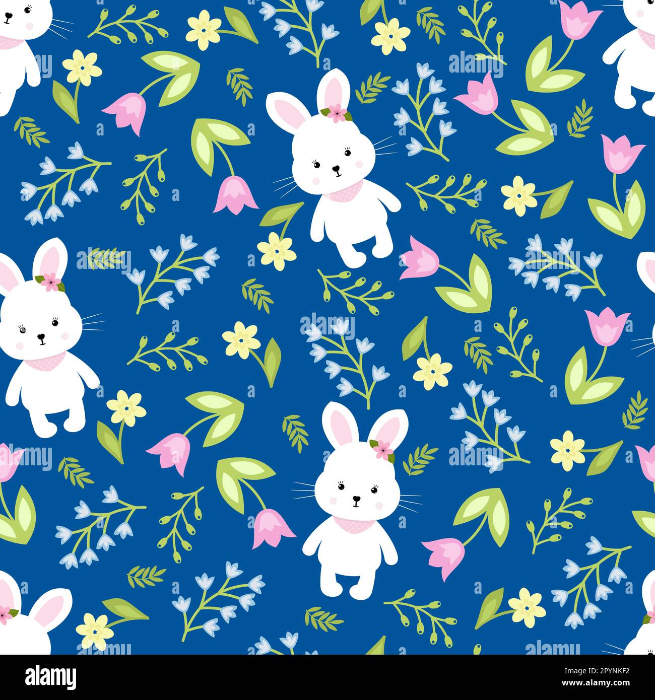 Cute white rabbit seamless pattern with tulips, branch, chamomile and ...
