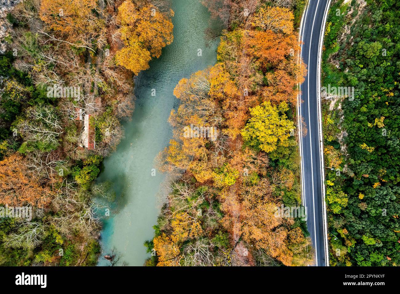 Aerial (drone) view of the Vale of Tempe and Pineios river, Larissa, Thessaly, Greece. Stock Photo