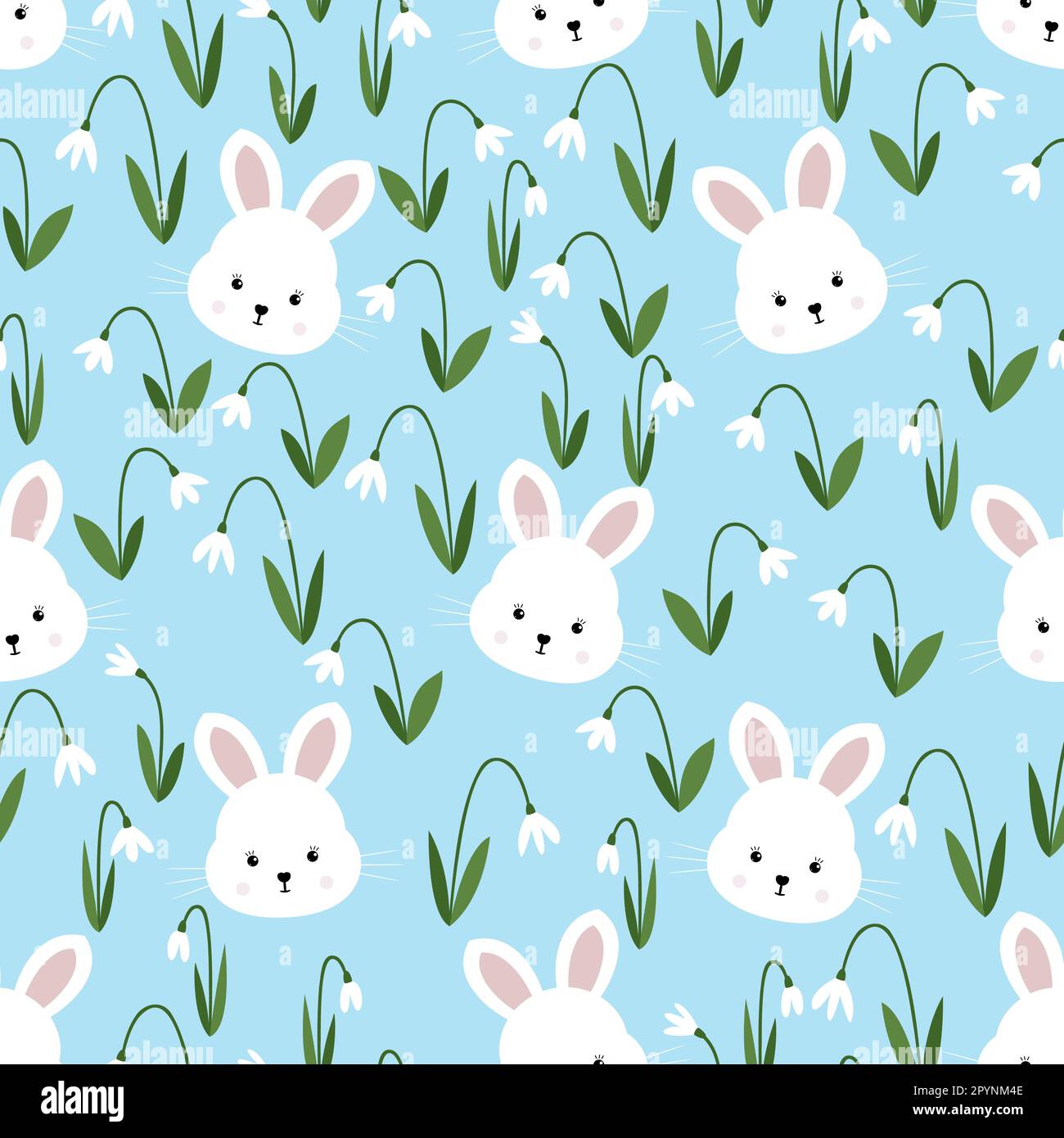 Seamless pattern white bunnies and spring snowdrops Stock Vector