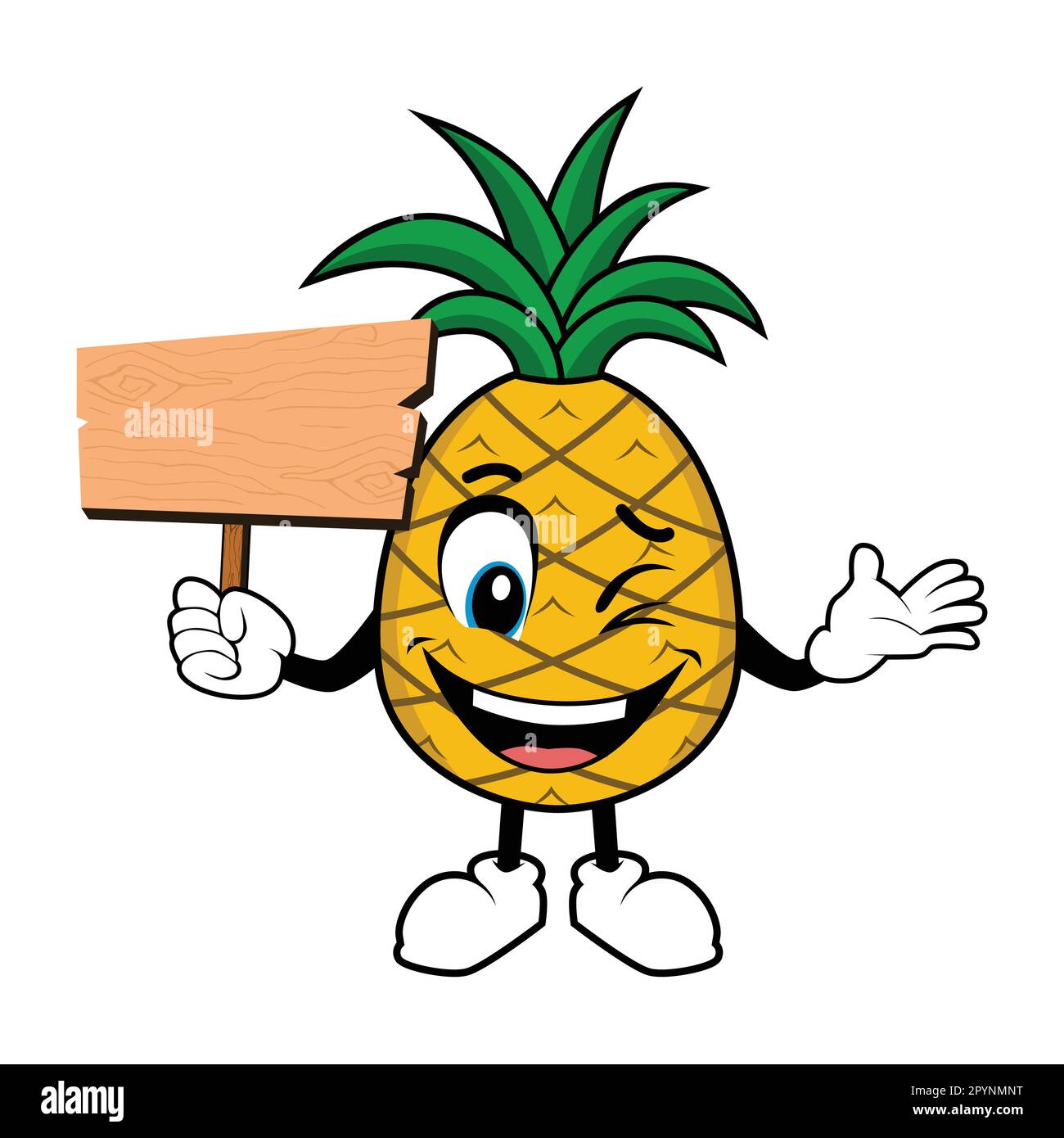 Pineapple Fruit Mascot Cartoon Holding Up A Blank Wood Sign Stock