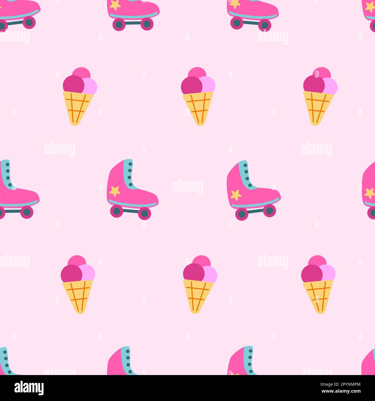 Barbiecore hot pink toy roller skates and icecream vector seamless pattern Barbie doll themed