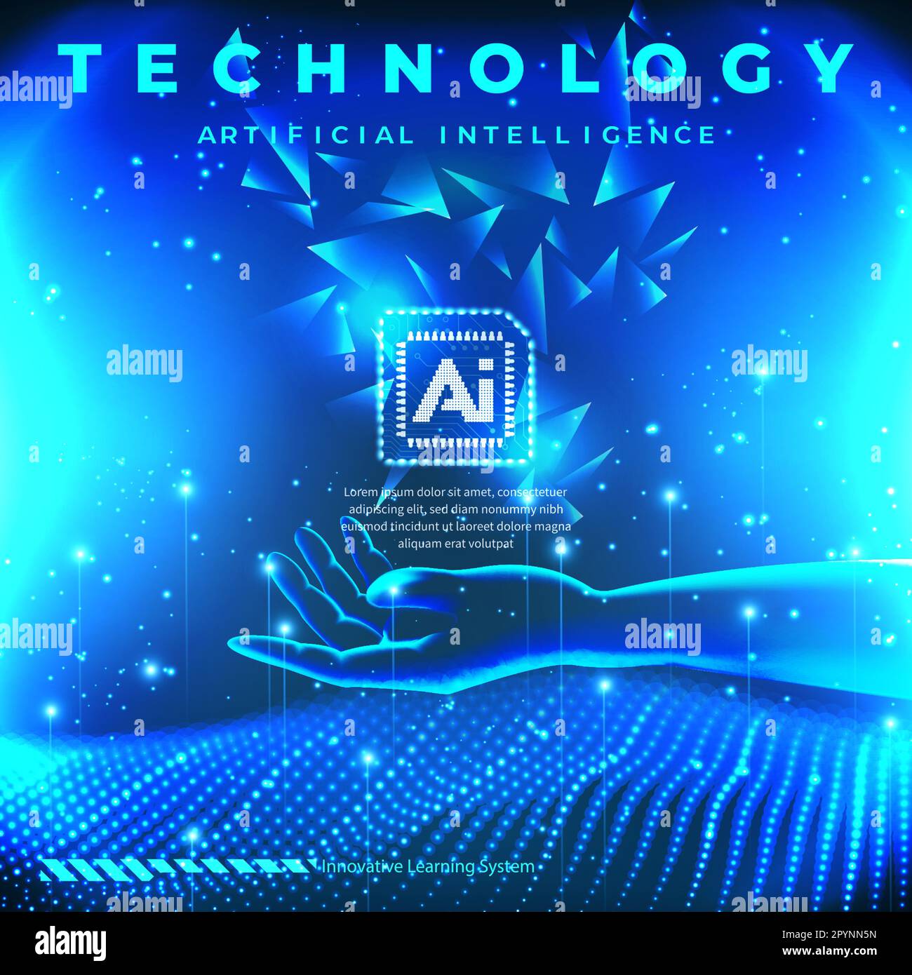 AI technology concept transparent hand holding brain and wave dot line futuristic style elegant blue tone over exposed background Stock Vector