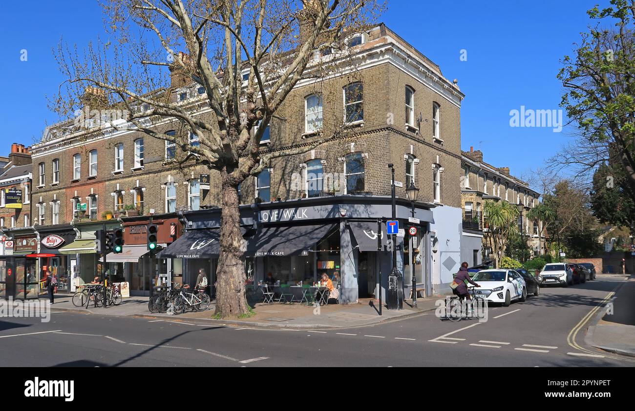 Love Walk Cafe, a trendy coffe shop on Denmark Hill in Camberwell, sout west London. Sunny, spring day. Stock Photo