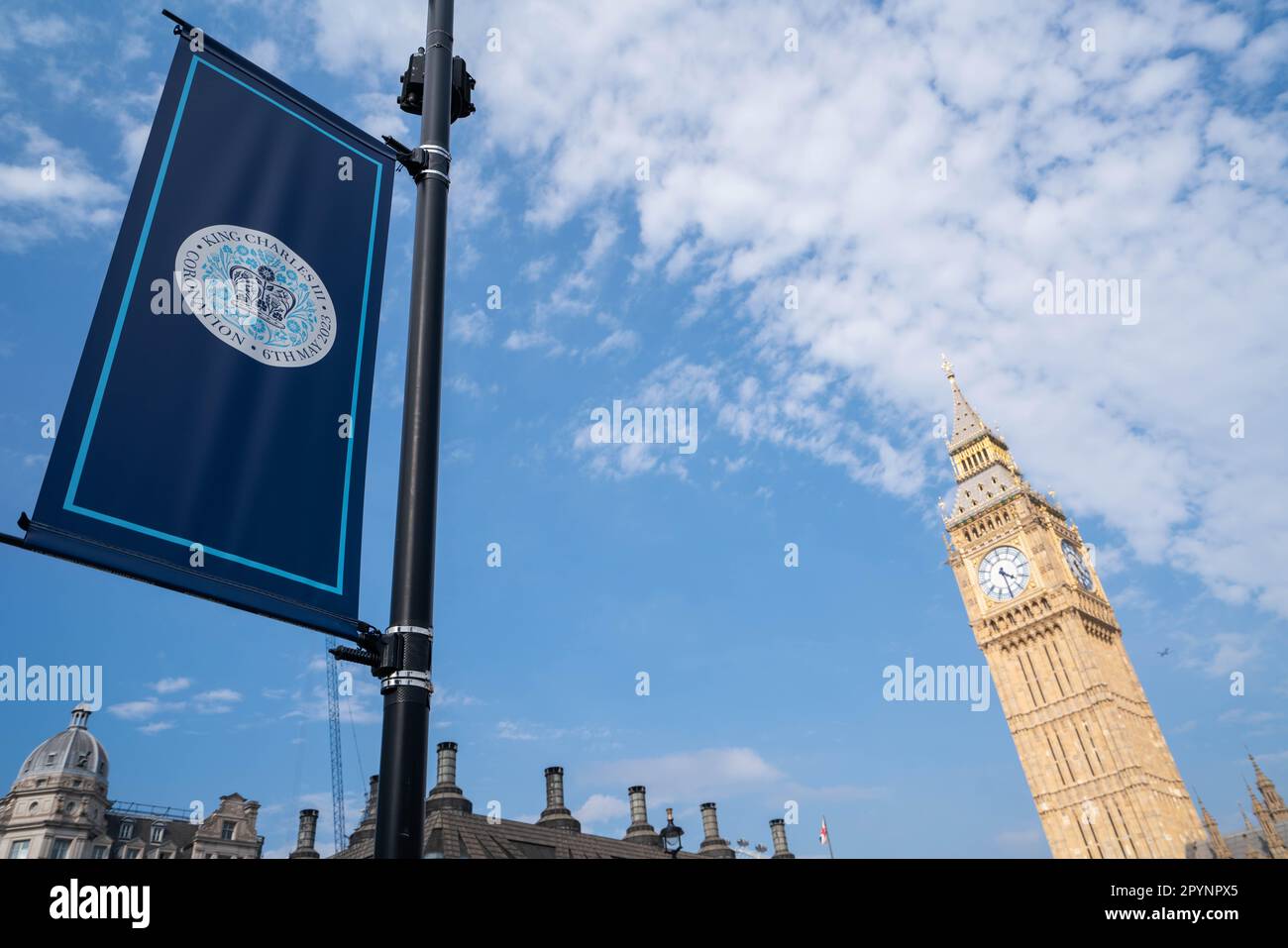 London UK. 4 May 2023.  Coronation banners in Parliament square with two days left until the coronation of King Charles III and Queen Camilla at Westminster Abbey on 6 May,  the biggest ceremonial event staged in the capital for 70 years. Credit: amer ghazzal/Alamy Live News Stock Photo
