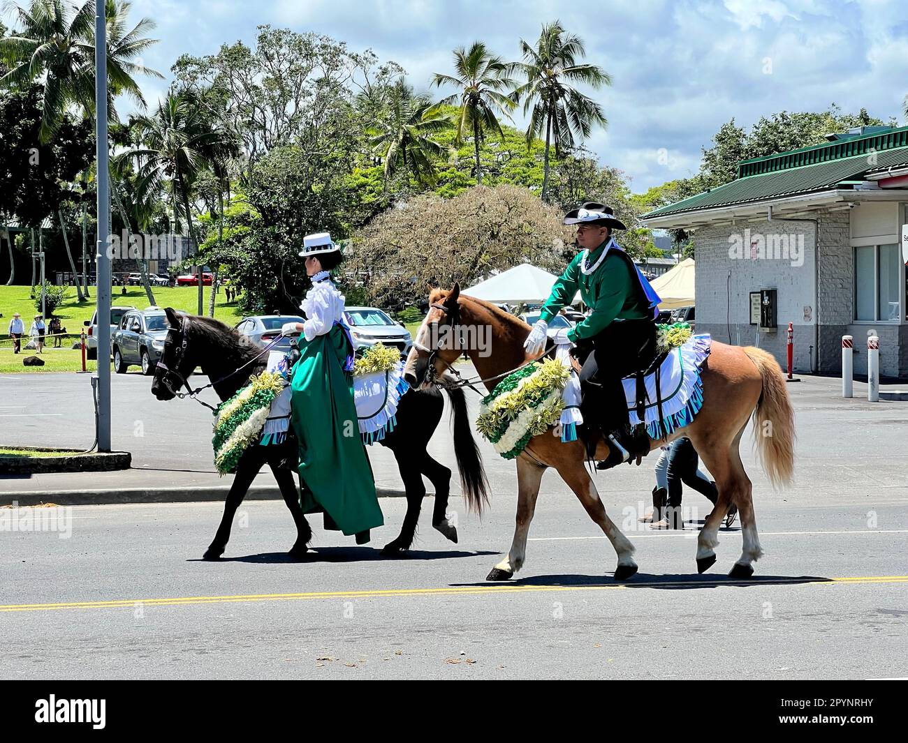 Rider in historic costume at the Merrie Monarch Festival in Hilo on Hawaii Stock Photo