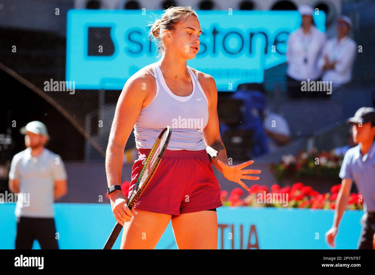 Madrid, Spain. 3rd May, 2023. Aryna Sabalenka (BLR) Tennis : Aryna Sabalenka regret after miss shot during singles semi-final match against Maria Sakkari on the WTA 1000 tournaments Mutua Madrid Open tennis tournament at the Caja Magica in Madrid, Spain . Credit: Mutsu Kawamori/AFLO/Alamy Live News Stock Photo