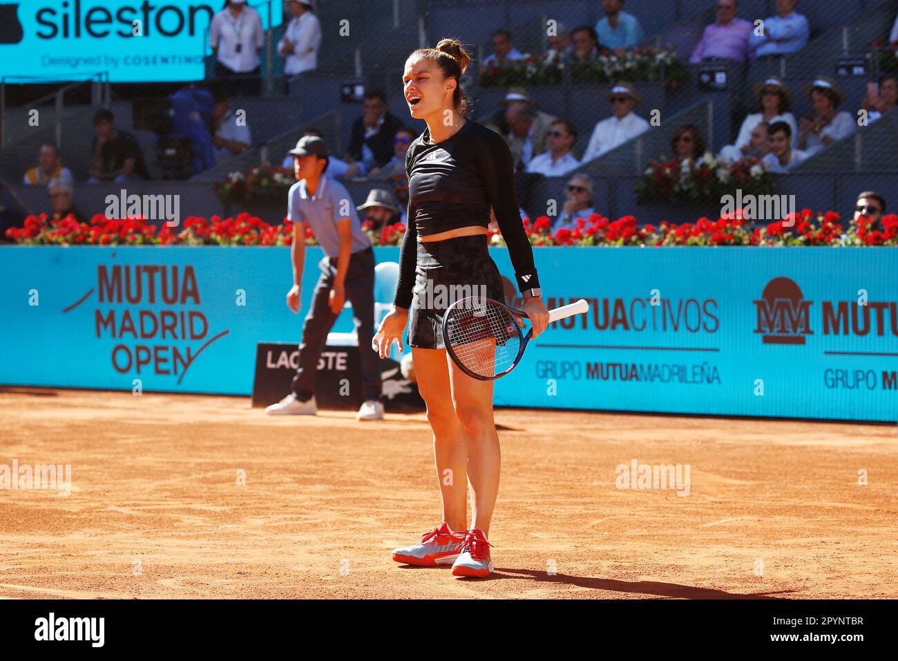 Madrid, Spain. 3rd May, 2023. Maria Sakkari (GRE) Tennis : Maria Sakkari regret after miss shot during singles semi-final match against Aryna Sabalenka on the WTA 1000 tournaments Mutua Madrid Open tennis tournament at the Caja Magica in Madrid, Spain . Credit: Mutsu Kawamori/AFLO/Alamy Live News Stock Photo