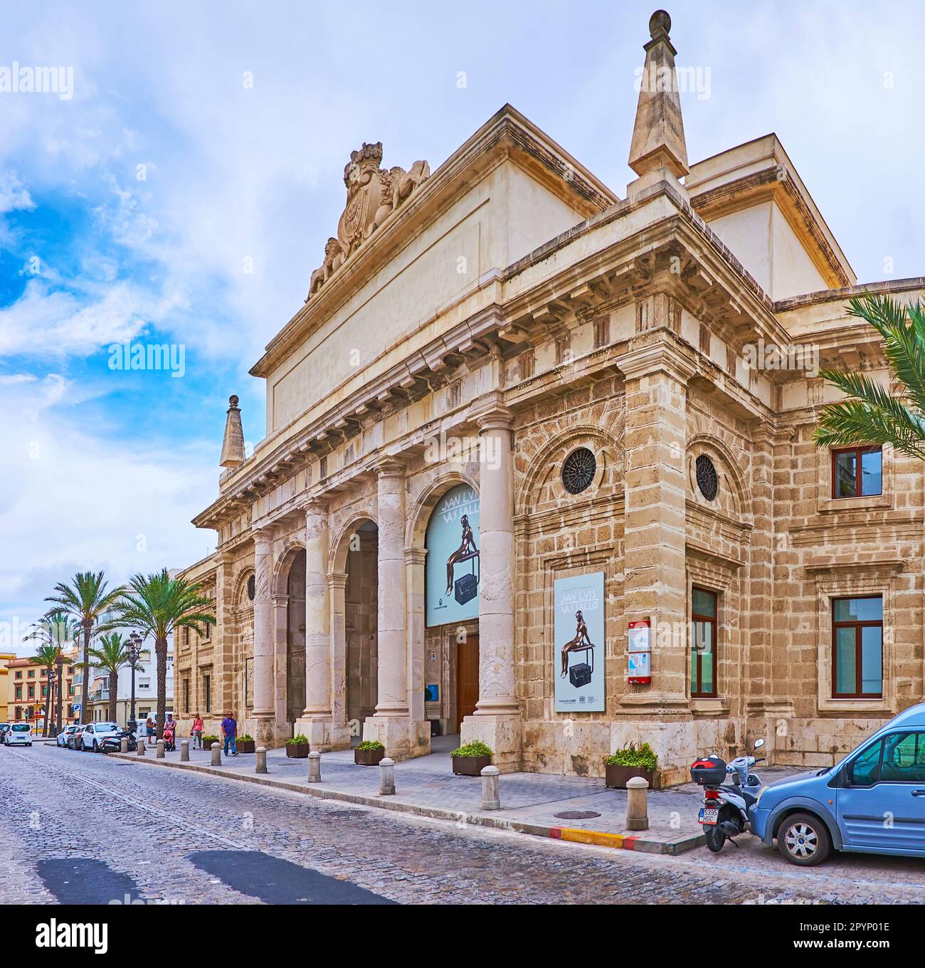 CADIZ, SPAIN - SEPT 21, 2019: The facade of Ibero-American House, the cultural center, located on Calle Concepcion Arenal, on Sept 21 in Cadiz Stock Photo