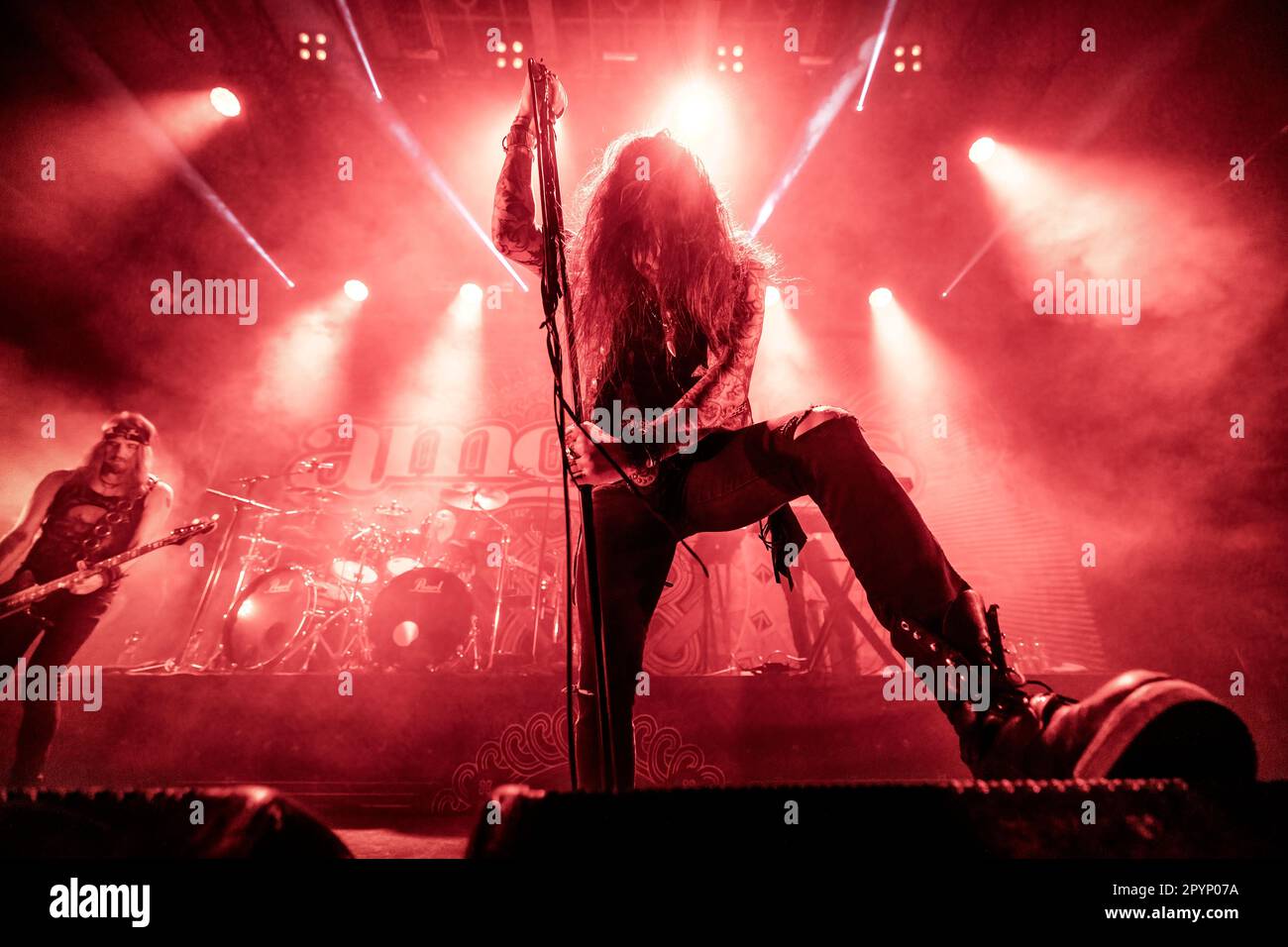 Oslo, Norway. 07th, April 2023. The Finnish heavy metal band Amorphis performs a live concert at Rockefeller during the Norwegian metal festival Inferno Metal Festival 2023 in Oslo. Here vocalist Tomi Joutsen is seen live on stage. (Photo credit: Gonzales Photo - Terje Dokken). Stock Photo